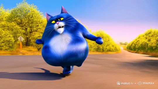 一只蓝色的胖猫人人在马路上双腿直立奔跑，一只手握拳向前伸[左移,推进,右摇] by Hailuo AI Video Generator
