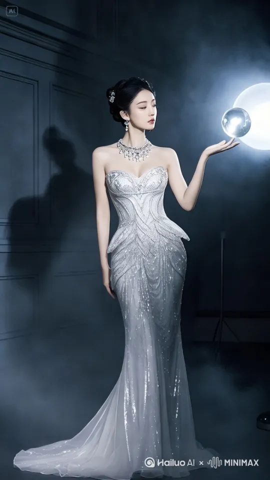 一位绝色美女(倾国倾城)的中国年轻美女,正直站姿,双脚自然分开,身体稍微前倾,眼神专注而坚定,嘴角微动似在低语。她身处神秘室内场景,身着精致礼服,佩戴华丽首饰。她单手轻抬,手指优雅地托着发光宝珠,脸上露出凝神屏息的表情,宝珠先缓缓消失,她眼眸微眯,透着惊讶,随后宝珠重现时她嘴角上扬,眼神闪过一丝得意。光影过渡流畅,镜头从全身拉近至手部与面部特写,确保人物特征及动作自然、无任何变形或不对称现象。 by Hailuo AI Video Generator
