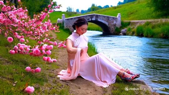 生成一个一位漂亮的小姐姐在风景优美的乡村小河边洗衣服，身穿一套浅粉色缎面丝绸套装，衣服领口为高领旗袍式样，衣服齐腰，裤子在脚面，脚穿一双绣花鞋，面对镜头微笑，身后有小桥流水，桃花盛开。电影质感，32K画质 by Hailuo AI Video Generator