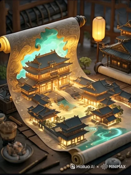 一副正在打开的并卷轴里面的微景观,流体水墨,微观世界,一幅精雕细琢唐朝时期的地图和街道民居的卷轴,立体感,画布如丝绸般柔软,半透明。利用光影的微型景观,高清细节,细微细节,清晰呈现,复杂场景,精细模型,浮雕,超现实梦境,异想天开,高细节,3D渲染,全局照明,低角度拍摄,边缘照明,特写,焦点构图,生物发光,中国古风。它采用米色配色方案,灯箱,纸质材料,珠光纹理,浅色背景,空灵的插图,精致和传统的中国动画风格 by Hailuo AI Video Generator
