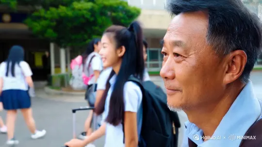 学校门口，父亲看着女儿背着书包，拉着行李箱走进学校，目光中充满了高兴与不舍。父亲四十多岁中年中国男性，女儿扎着高马尾，黑头发，十八岁左右。校门口人熙熙攘攘，女儿回头招手，脸上充满了阳光的笑容 by Hailuo AI Video Generator