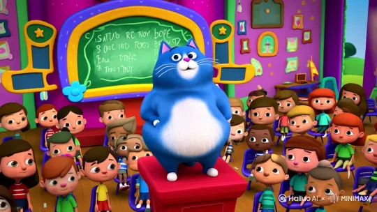 一个胖蓝猫在教室讲台上教同学英语单词 by Hailuo AI Video Generator