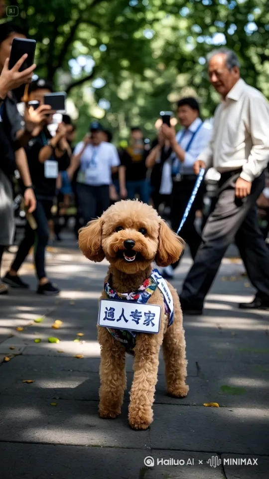泰迪犬拖拽大爷玩漂移过弯，突然加速冲上滑梯，大爷被拽着空中转体三周半，落地时精准接住飞来的冰淇淋甜筒，镜头移动，动态跟随 by Hailuo AI Video Generator
