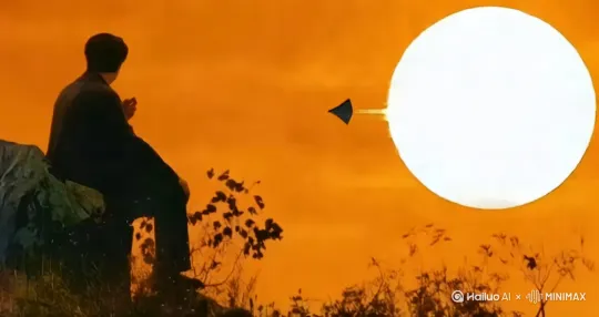 飞机在夕阳下从右向左飞行，男人坐在旁边的石头上边抽烟边注视着飞机。[固定镜头] by Hailuo AI Video Generator
