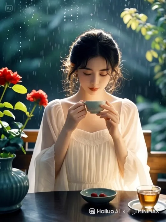 [推出,上升,下摇]让图片变成视频，让美女有喝茶的动作 by Hailuo AI Video Generator