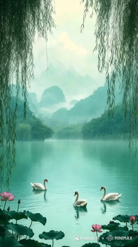 鹅仰头向天鸣叫色的羽毛浮水在水里游来游去 by Hailuo AI Video Generator