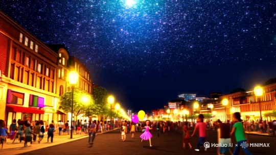 一个满天星空的夜晚，一位漂亮的女孩在街上奔跑，手拿着气球，她大大的眼睛，鹅蛋脸，粉粉的，大街上灯光明亮，人来人往，制作1分钟的视频 by Hailuo AI Video Generator