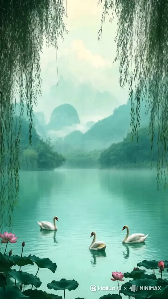 鹅仰头向天鸣叫白色的羽毛浮水在水里，它们游来游去低头找食物 by Hailuo AI Video Generator