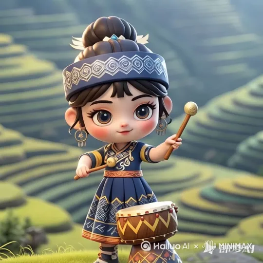 人物围绕小鼓旋转翩翩起舞[[推出,上升,下摇]，眼睛不停眨动，[左移,推进,双手不停击打小鼓， by Hailuo AI Video Generator