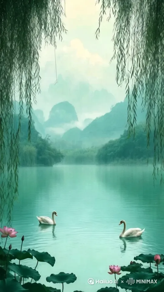 鹅在水里游来游去，时而向天鸣叫时而低头找食物 by Hailuo AI Video Generator