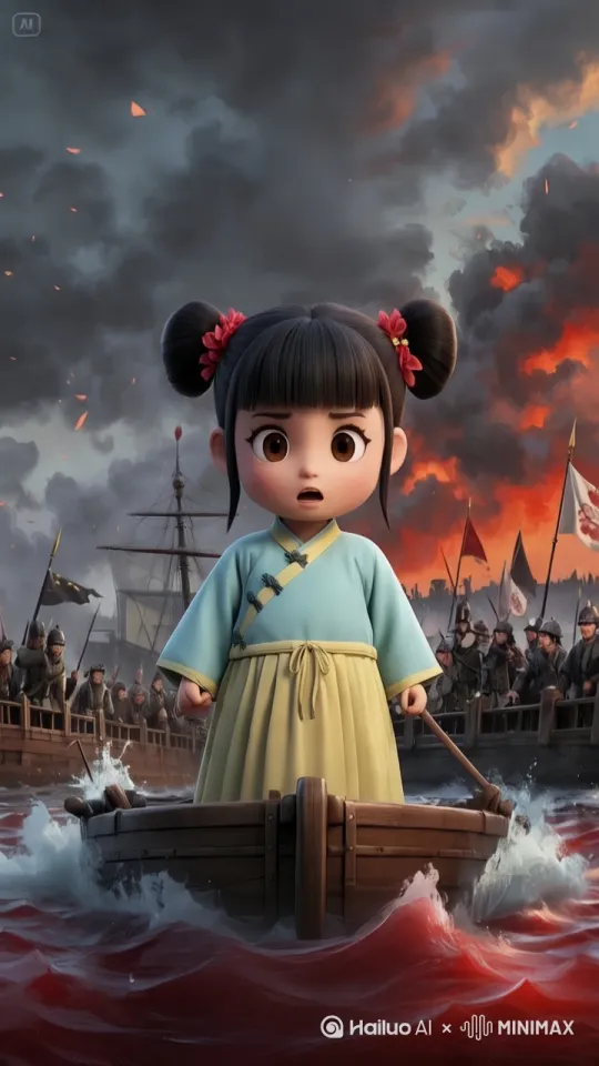 10岁Q版3D动漫小女孩头身比2:1, 身穿改良唐元素连衣裙, 浅蓝色上衣+鹅黄色福裙,袖口绣小花, 扎着两个发髻, 圆润可爱的造型。小女孩惊恐地站在剧烈摇晃的船头，眼神中满是恐惧与绝望。原本平静的江面被战船搅得波涛汹涌，远处硝烟弥漫，战船若隐若现，战鼓“咚咚咚”地响着，声音沉闷而震撼，仿佛要将小女孩的最后一丝希望击碎。江水被染成暗红色，似是混合了鲜血。
 
战船之上，军旗猎猎作响，士兵们的呐喊声与战鼓声交织在一起。小女孩的发丝被江风与战火产生的气流吹得凌乱，她瘦弱的身躯在这混乱与残酷的场景中显得无比渺小。画面以暗色调为主，硝烟的灰黑色、江水的暗红色、战船的深褐色相互映衬，运用中国古代卡通3D风格结合皮克斯风格色彩搭配，强烈渲染出战争的恐怖氛围，淋漓尽致地展现出“更堪江上鼓鼙声”所带来的紧张与悲怆。 by Hailuo AI Video Generator