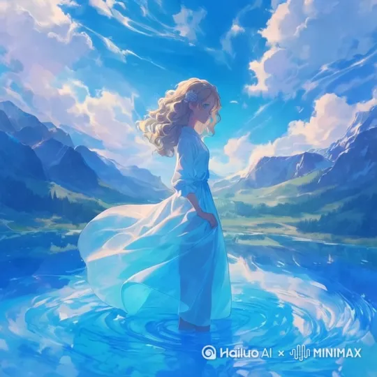 "一位金色卷发的梦幻二次元少女优雅地站在清澈的湖水中,四周环绕着雄伟的群山和广阔的蓝天。她身着轻盈的白色长裙,微风吹拂,裙摆随之轻轻飘动。随着她的微微移动,湖水泛起层层涟漪,与天空的倒影交相辉映,营造出宁静而梦幻的氛围。远处的云朵缓缓飘过,水面微微波动,阳光洒落,折射出温柔的光影。镜头从她温柔的侧脸开始,缓缓拉远,展现整个壮丽的自然景色,给人一种沉浸式的唯美体验。动态光影让画面更具魔幻现实感。" by Hailuo AI Video Generator
