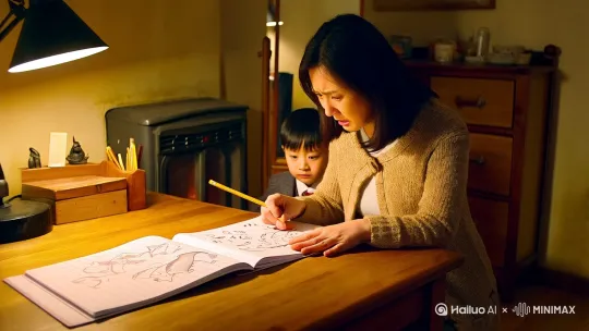 故事梗概
日常场景:母亲辅导小学二年级的儿子完成数学作业,作业内容涉及简单的应用题。
矛盾升级:孩子在理解"剩下多少只鸭子"时产生认知偏差,将题目场景代入动画情节导致计算错误。
情绪爆发:母亲因反复讲解无效而失控,摔笔拍桌的举动吓到孩子。
意外转折:孩子童言无忌的比喻让母亲突然清醒,意识到教育方式的问题。
温情收尾:母亲调整情绪,用孩子熟悉的动画角色重新讲解题目。
台灯在实木桌面上投下暖黄光晕,周岚第三次用铅笔敲打作业本:"池塘里游走五只鸭子,问现在剩下多少只,怎么会填'三只'呢?"
"可是...可是小黄鸭被怪兽抓走了呀。"八岁的晨晨缩在儿童椅上,手指绞着校服下摆,"奥特曼要去救它们......"
铅笔尖"啪"地折断在田字格里。周岚感觉太阳穴突突直跳,她扯开羊毛开衫的珍珠纽扣,空调热风裹着油墨味冲进鼻腔:"应用题要按题目给的条件算!怪兽在哪?奥特曼在哪?"
晨晨的眼泪在眼眶里打转,忽然指着母亲身后惊叫:"妈妈背后有火!像暴暴龙那样红红的火!"孩子举起画满涂鸦的数学书,封面歪歪扭扭的喷火龙正在喷火。
周岚举到半空的橡皮僵住了,梳妆镜里映出她涨红的脸和炸开的碎发。晨晨抽着鼻子把作业本转过来,用荧光笔在题目旁画了个拿光剑的小人:"妈妈别生气,我让捷德奥特曼帮小鸭子打架......"
薄荷香在齿间化开,周岚吞下含片,蹲下身平视儿子湿润的睫毛:"刚才妈妈变成坏脾气的暴暴龙了,我们重新数鸭子好不好?你看,捷德奥特曼已经救回两只鸭子了......" by Hailuo AI Video Generator