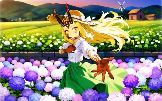 镜头：固定镜头
风格：风格不变，live2d
背景：背景的花朵摆动，有花瓣飘过，风车极为缓慢的旋转。
人物：基本动作不变，伸出的手不动，轻轻眨一次眼，看着观众，衣服和头发被风往右吹拂，微微摆动，帽子微微向上移动。
总体：有风的，优美的，流畅生动的 by Hailuo AI Video Generator
