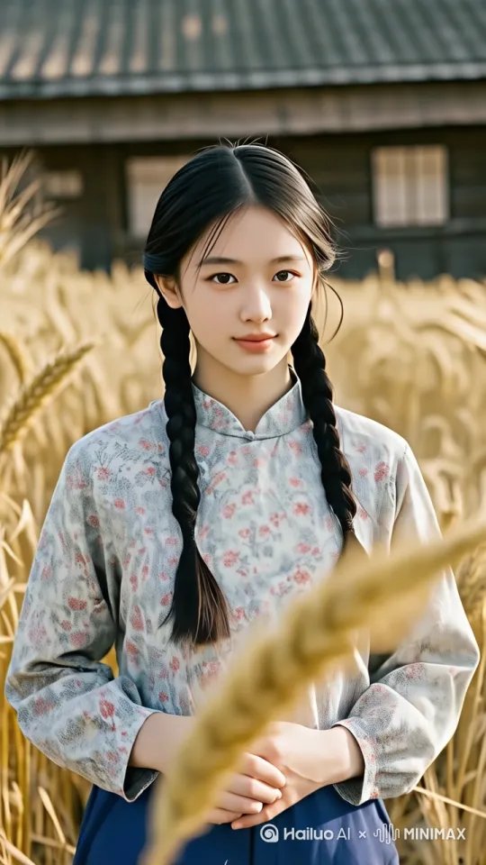 姑娘眨巴眼，麦穗晃动，风吹姑娘的头发，[变焦拉远] by Hailuo AI Video Generator