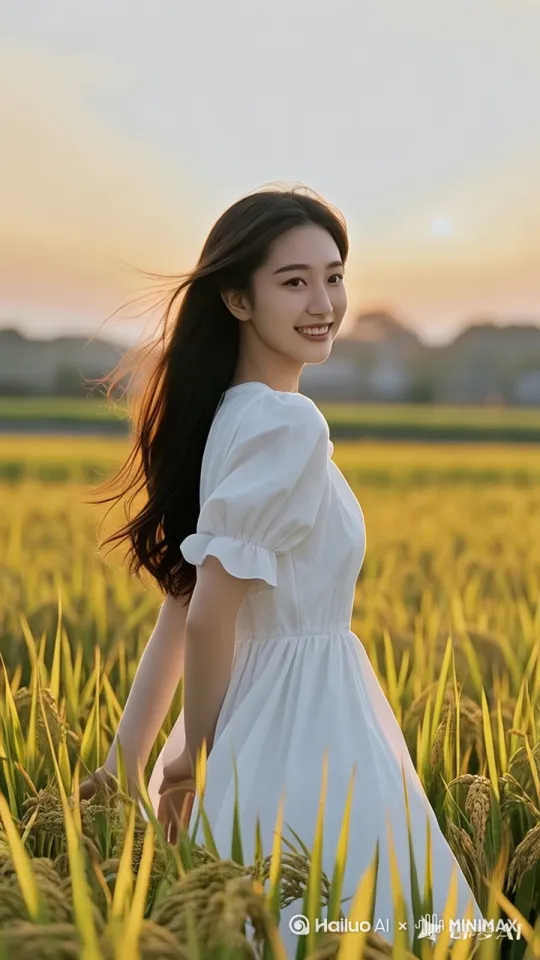 微风吹过稻谷和头发，女生转了一圈，注意手部协调 by Hailuo AI Video Generator