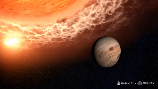 太阳系全家福＊*太阳系有8颗行星：水星表面温差超600℃；金星被硫酸云覆盖；火星可能有地下湖；木星风暴"大红斑"存在400年；土星环由冰粒组成；天王星"躺着"自转；海王星风速达2100km/h。矮行星冥王星温度﹣229℃,柯伊伯带还有无数冰冻天体等待探索。 by Hailuo AI Video Generator