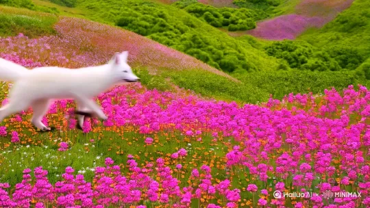 一只白色小狐狸在开满鲜花的山坡上飞奔，跑着跑着就丝滑地变成了一个的白衣美女，向前惯性地跑了几步，停了下来，转头莞尔一笑。 by Hailuo AI Video Generator