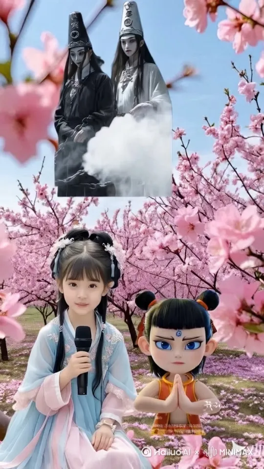 灼灼桃林织就梦幻仙乡，粉瓣飘飞间仙气袅袅升腾，似是九天瑶台落人间。瞧那汉服萌娃玉立花影中，衣袂缀绣如云霞，手持麦克风静候，眸间尽是灵动古韵。忽有哪吒踏风而来，双髻俏皮，蓝眸含威，双手合十似藏乾坤神力。更惊见黑白无常乘云而下，玄衣银冠威仪赫赫，锁链轻响间自带幽冥仙韵。当古韵萌娃邂逅神话经典角色，跨次元的奇幻碰撞在此刻成真，一场融合仙意、萌趣与神话张力的视觉盛宴已就绪，速点屏幕，共探这场绮丽非常的神话联动名场面！ by Hailuo AI Video Generator