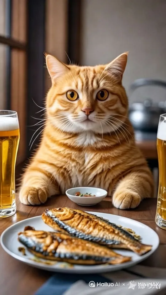 大橘猫用右手端起一杯啤酒，一口把啤酒喝干，又把杯子放到桌面上，视频要真实 by Hailuo AI Video Generator