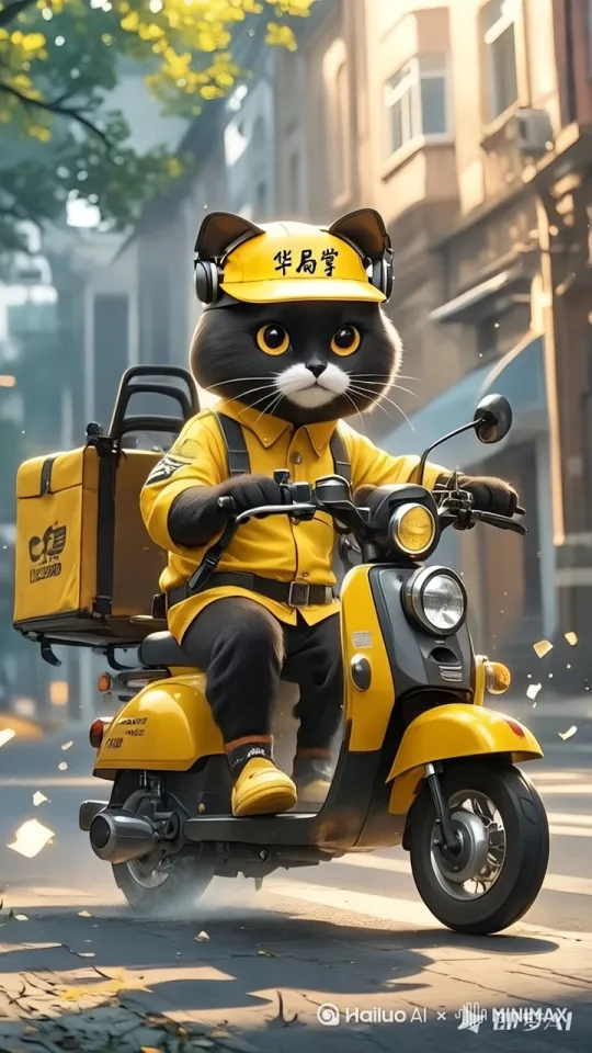 广角镜头。一只拟人化的身穿黄色外卖服装的黑猫外卖员，骑着送外卖的电动车，在路上飞驰的向前行驶着。 by Hailuo AI Video Generator