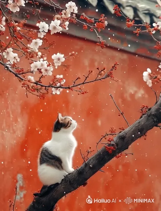 雪花飘落，梅枝摇动，猫咪沿着树干行走[右移,跟随] by Hailuo AI Video Generator