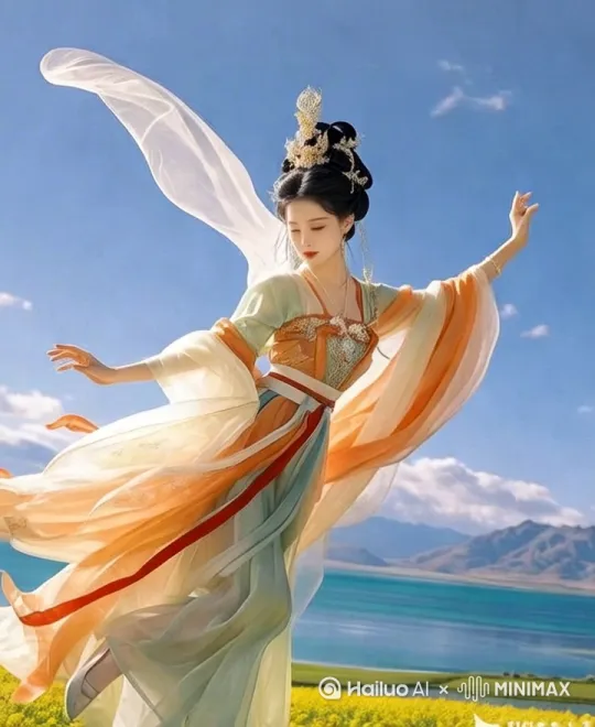 身姿曼妙的古装美女,身着一袭轻薄飘逸的古风唐装仙女长裙,裙摆如云雾般灵动。她头戴工艺精湛、镶嵌着珍珠宝石的精美发饰,在澄澈湛蓝的高空中优雅地飞翔。美女姿态优雅从容,微微俯身,美目轻垂,静静观望下方景致。其背景是广袤无垠的蓝天白云,洁白云朵似棉花糖般蓬松。天空之下,是一片灿烂耀眼的金灿灿油菜花田,微风拂过,花浪翻滚。不远处,一湾碧绿如翡翠的湖泊静谧存在,水光潋滟。整个画面景色如画,画面通过低角度的镜头完美了她优雅的全身姿态。洋溢着如梦似幻的仙气与浪漫氛围,32K 高清画质 by Hailuo AI Video Generator