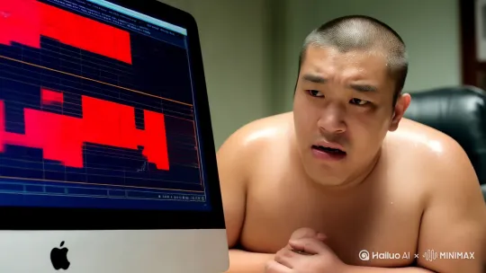 坐在电脑前紧张的盯着屏幕中股票走线，穿着背心浑身大汗，然后股票大跌，击穿地板，气愤的将电脑砸碎 by Hailuo AI Video Generator
