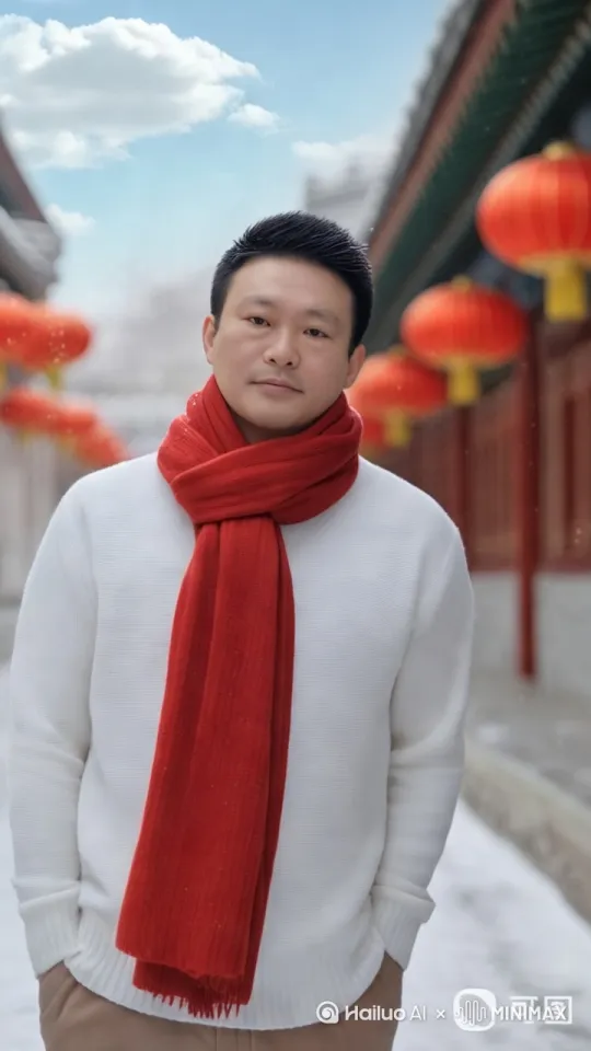 一个帅气的小伙子穿着时尚的休闲服装，围着中国红的大围巾，走在春节气息浓郁的都市街头……时长在1分钟，都市朋克、影视制作效果！ by Hailuo AI Video Generator