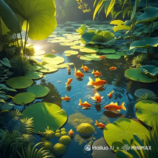 鱼儿在东西南北四个方位的莲叶间嬉戏场景 by Hailuo AI Video Generator