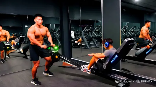  【健身鬼才·广场舞の逆袭】**  
肌肉猛男对着镜子狂凹造型，菜鸟颤巍巍坐上他刚用的划船机，机器突然爆闪彩灯播放《酒醉的蝴蝶》，器械自动扭成八方向陀螺！壮汉蓝牙耳机掉落露出广场舞领队袖章，角落保洁阿姨掏出唢呐接上音响，整个健身房随节奏跳起秧歌。突然物业破门而入：“第18次举报你们非法蹦野迪！”镜头一转，阿姨们戴着降噪耳机在月球表面安静舞剑……（关键道具：会发癫的智能器械/唢呐状充电宝） by Hailuo AI Video Generator