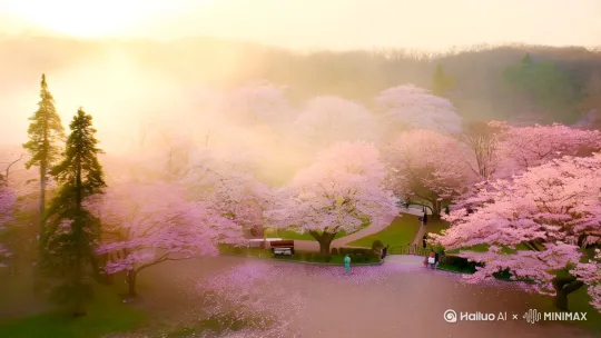 开场镜头：晨曦微光中，樱花公园的入口处，粉白色的樱花如云似雾，镜头缓缓推进，地上零星的花瓣随风轻旋，搭配轻柔的钢琴旋律，营造唯美氛围。

动态航拍：无人机从树梢掠过，俯视整个樱花大道，成排的樱花树形成一条粉色长廊，游人在花下漫步，画面如诗如画。

特写细节：镜头贴近枝头，捕捉樱花花瓣的纹理和晶莹露珠；慢动作拍摄花瓣飘落的瞬间，搭配风声和鸟鸣的自然音效。

光影艺术：夕阳时分，逆光拍摄樱花与剪影人物；夜晚补光灯下，夜樱在暗蓝背景下如繁星点点，增添梦幻感。 by Hailuo AI Video Generator