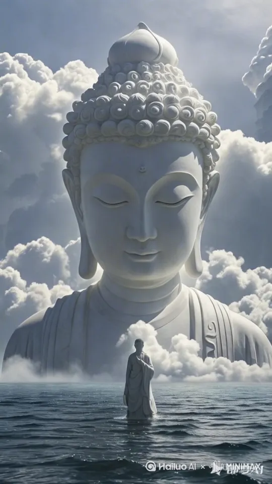 佛祖法眼俯瞰大海，口中念着，《阿弥陀佛，善哉善哉》背景的乌云在滚动着，闪电划破天穹，大海在咆哮，卷起千层浪。仿佛世界末日来临，佛祖普度众生 by Hailuo AI Video Generator