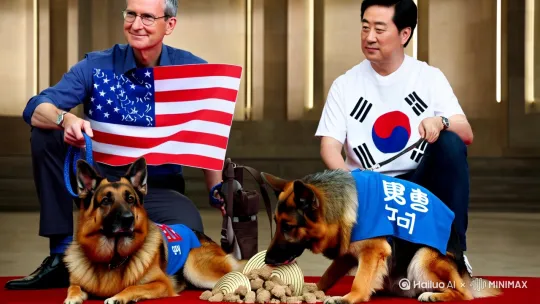 苹果CEO库克身着印有美国国旗衣服，而三星CEO李在镕穿着印有韩国国旗衣服，库克牵着印有“基佬”汉字体衣服的牧羊犬，李在镕牵着印有“韩歼”汉字体衣服的牧羊犬，两只牧羊犬横在库克和李在镕面前，库克的牧羊犬趴在李在镕的牧羊犬身后，而李在镕的牧羊犬在跪舔一坨螺旋大便 by Hailuo AI Video Generator