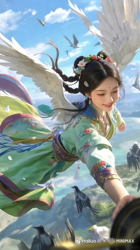 美女悬浮在地空中向前飞行，快速向前飞行，都穿越在云海，无人机附拍捕捉飞行，镜头跟随 by Hailuo AI Video Generator