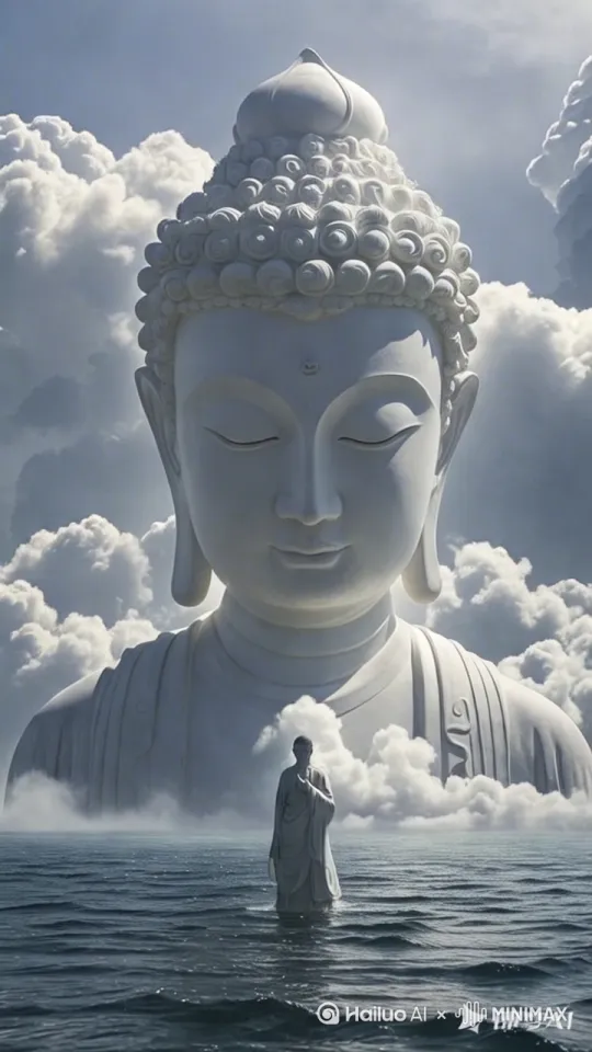 佛祖法眼俯瞰大海，口中念着，《阿弥陀佛，善哉善哉》背景的乌云在滚动着，闪电划破天穹，大海在咆哮，卷起千层浪。仿佛世界末日来临，佛祖普度众生 by Hailuo AI Video Generator