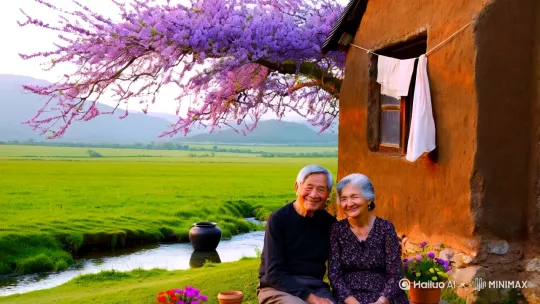 {
  "prompt": "A heartwarming realistic video of an elderly couple in a rural setting. The scene features:",
  "settings": {
    "style": "realistic,治愈系",
    "lighting": "soft warm light",
    "color_palette": "natural tones with moderate saturation",
    "aspect_ratio": "16:9",
    "duration": "30 seconds",
    "camera_movement": "gentle zoom from wide to close-up"
  },
  "scene_description": {
    "background": "Green fields and hazy distant mountains under soft daylight",
    "foreground": {
      "courtyard": "Rustic earthen-walled cottage with fabric hanging by the window",
      "tree": "A tree with abundant purple blossoms, branches drooping slightly",
      "stream": "A clear babbling brook with a black clay pot beside it",
      "animal": "A brown-yellow domestic fowl pacing near the stream"
    },
    "main_subjects": {
      "elderly_couple": {
        "grandfather": "Gray-haired man in dark top and trousers",
        "grandmother": "Woman in dark floral-patterned dress",
        "action": "Sitting side by side on a wooden bench, looking at each other with gentle smiles"
      },
      "details": "Several clay flower pots with colorful blooms arranged around them"
    }
  },
  "mood": "Peaceful, nostalgic and heartwarming",
  "additional_notes": "Include subtle natural sounds like flowing water, birds chirping, and rustling leaves. Gentle wind occasionally moves the fabric and flower branches."
} by Hailuo AI Video Generator