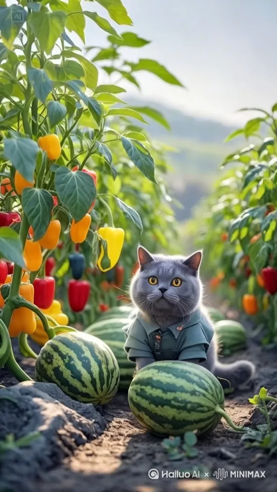 猫咪抱起一个西瓜笑得合不拢嘴 by Hailuo AI Video Generator