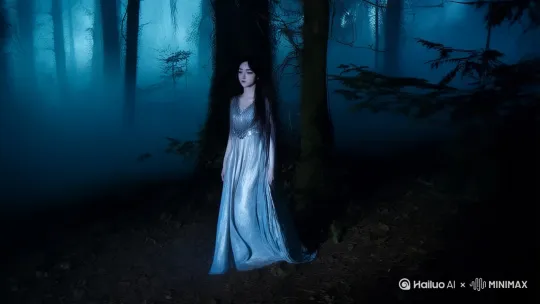 在一片漆黑的树林里，烟雾缭绕。女主站在镜头中央 by Hailuo AI Video Generator