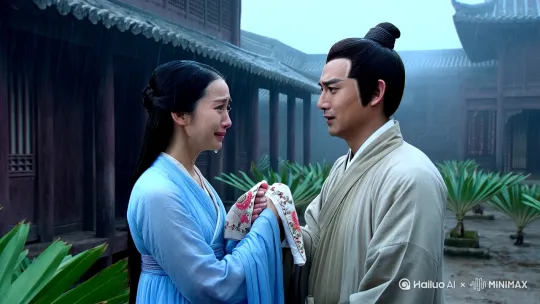 古风场景，在一座古老的庭院中，细雨纷纷。身着素色长袍的书生与身着淡蓝色长裙的女子相对而立，两人眼中满是不舍与悲伤。女子手中拿着一方绣帕，轻轻擦拭书生脸上的雨滴，书生则紧紧握住女子的手，似有千言万语却难以言说。庭院中的芭蕉叶被雨水打得沙沙作响，更添几分凄凉。
 
4. 镜头切换：从两人的中景缓慢推近至特写，着重刻画他们饱含泪水、深情又无奈的眼神。
 
5. 色彩风格：以青灰色的天空、深棕色的庭院建筑为主色调，雨水的清冷感与人物内心的悲伤相呼应，营造出压抑而悲伤的氛围。[左摇,变焦推进] by Hailuo AI Video Generator