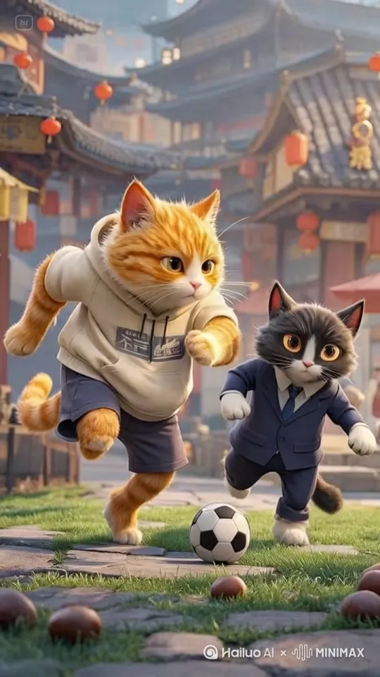 **视频文案提示(拟人化橘猫 vs 黑狸猫街头足球赛)**
**场景设定:**
傍晚的复古集市,灯笼暖光洒在石板路上,摊位飘着烧烤和糖画的香气,人群熙攘。背景音是热闹的叫卖声、欢笑声和隐约的街头音乐。
**角色细节:**
- **橘猫**:毛色温暖,穿着宽松的橙色连帽卫衣+米色工装短裤,运动鞋,尾巴随动作摆动,眼神狡黠灵动,踢球时耳朵兴奋地抖动。
- **黑狸猫**:毛皮油亮,一身修身黑西装+暗纹领带,皮鞋锃亮,但袖口卷起露出爪垫,防守时尾巴保持平衡,表情冷静但尾巴尖暴露了紧张。
**动作设计:**
- 橘猫用脚尖轻挑足球,闪过卖糖人的推车,卫衣帽子被风吹落;
- 黑狸猫一个侧身滑铲,西装裤沾上灰尘,抢球后推了推不存在的“眼镜”;
- 围观小孩欢呼,足球撞翻灯笼架,橘猫扑救时撞进干货摊,漫天花生雨落下——两猫对视一秒,同时笑出猫叫。
**镜头建议:**
- 特写:爪垫控球时肉球的弹性,足球旋转带起落叶;
- 慢镜头:黑狸猫跃起头球,领带飞扬的瞬间; by Hailuo AI Video Generator