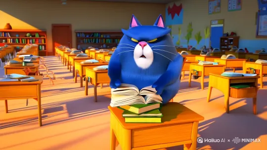 生成一只肥胖蓝色的猫坐在教室的椅子上，生气地把桌子上的书给掀翻了，卡通画风，3D by Hailuo AI Video Generator
