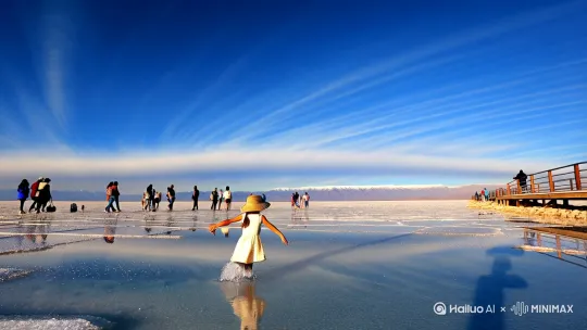 "真实摄影风格的茶卡盐湖'天空之镜'全景，晴空湛蓝，云层舒展，湖面如镜般倒映出完美对称的天空，形成梦幻的无限延伸感。画面中心，一位戴宽檐草帽、穿浅色短裙的年轻女孩正在戏水，裙摆随风轻扬，双手张开保持平衡，脚下溅起细碎水花，倒影清晰灵动。周围散布着三五成群的游客，有的拍照，有的牵手漫步，姿态自然。远处雪山轮廓朦胧，盐滩边缘可见木质栈道和观景台。采用低角度广角镜头，突出湖面辽阔与盐晶纹理，保留真实光影质感。色彩以纯净的蓝白为主，草帽的暖棕与短裙的柔色点缀画面，整体兼具旅游纪实感和电影级氛围 by Hailuo AI Video Generator