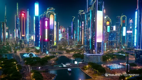 未来科幻都市的夜间景象 by Hailuo AI Video Generator