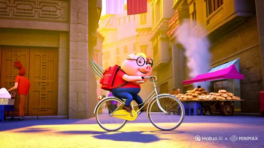 prompt = "A chubby anthropomorphic pig wearing round thick-rimmed glasses, riding a vintage 28-inch steel-framed bicycle through narrow Shanghai alleyways, carrying a red school backpack, early morning sunlight filtering through laundry lines, traditional Shikumen architecture with stone gates, steamed bun stalls with rising smoke, bicycle bell ringing, dynamic angle showing front wheel turning, soft bokeh effect, ultra-detailed 8k resolution, Pixar-style 3D rendering, warm color palette, nostalgic Shanghai atmosphere, 9:16 vertical composition --ar 9:16 --v 6.0 --style raw" by Hailuo AI Video Generator