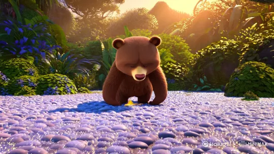 湿漉漉的鹅卵石在阳光下像撒了白糖，小熊团团刚弯腰，怀里的蜂蜜罐就被树藤"嗖"地吊上半空。 by Hailuo AI Video Generator