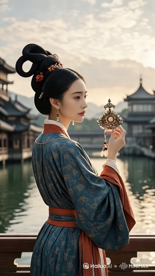 [右移,跟随]秦制汉服美女一边走一边仔细端详着着手中的东西 by Hailuo AI Video Generator