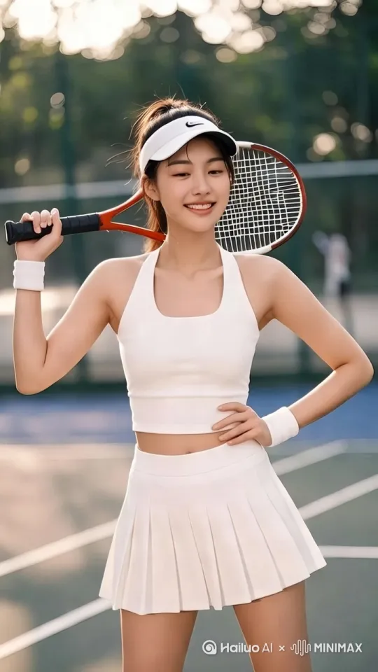 镜头环绕女生拍摄，模特转一圈，自信看向镜头，镜头慢慢推进，挥动网球拍，表情甜美 by Hailuo AI Video Generator