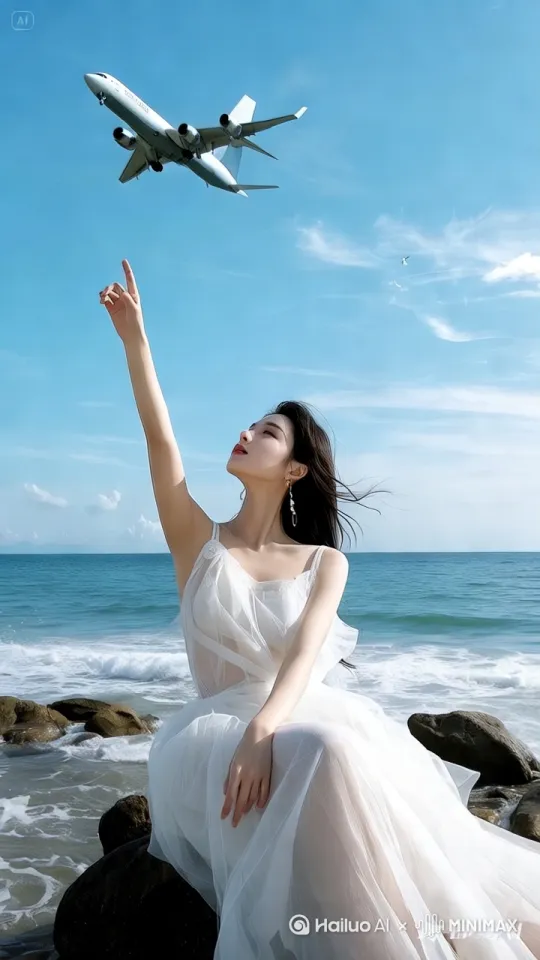 手指在空中画圈，飞机也随着画圈在空中盘旋转圈飞，海浪拍打着石头，衣裙飘飘，3秒后美女也飞上天空飞到飞机上，然后向前飞行 by Hailuo AI Video Generator