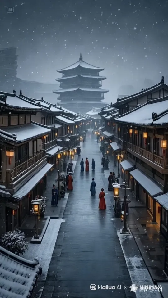 [下降,上摇][下降,上摇]﻿天空大雪纷飞，视图中的人们缓慢向前移动 by Hailuo AI Video Generator